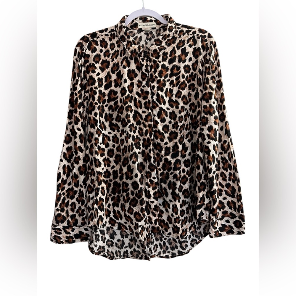 Alexander Jordon Leopard Print Long Sleeve Button Front Blouse Women’s Size XL
